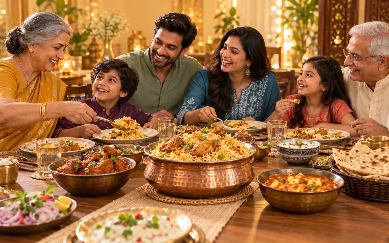 A family sharing biryani, curries and naan around one table